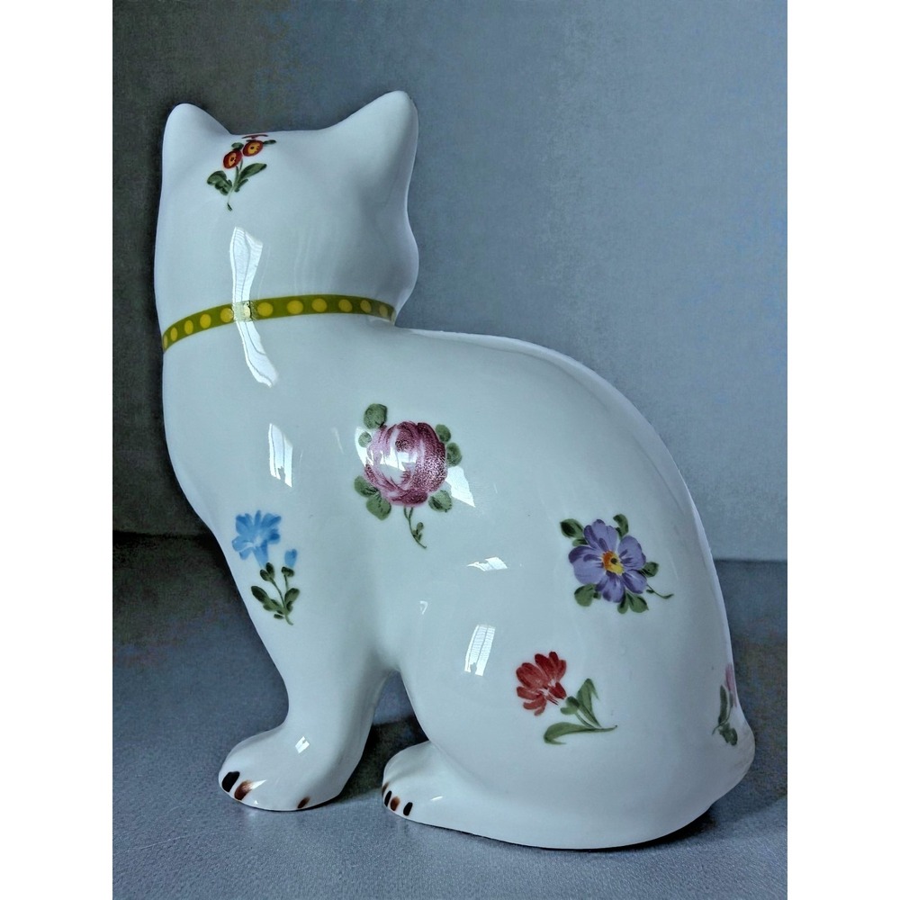 Vintage White Floral Cat Figure Porcelain Bow Chubby Hand painted Home Deco - Picture 8 of 14